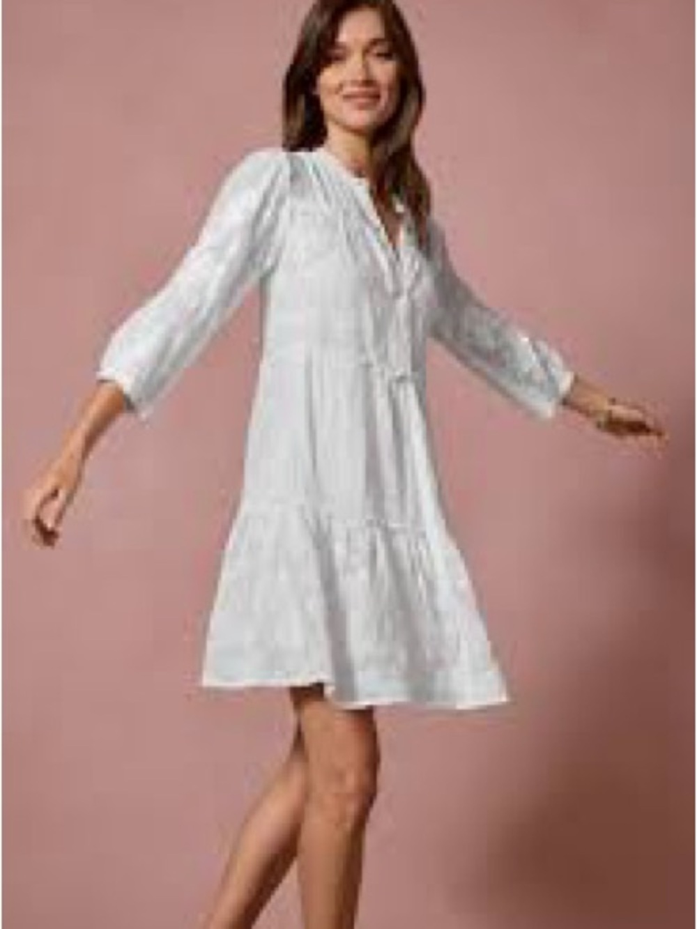 Johnny Was White Tiered V-Neck Midi Dress with Three-Quarter Sleeves